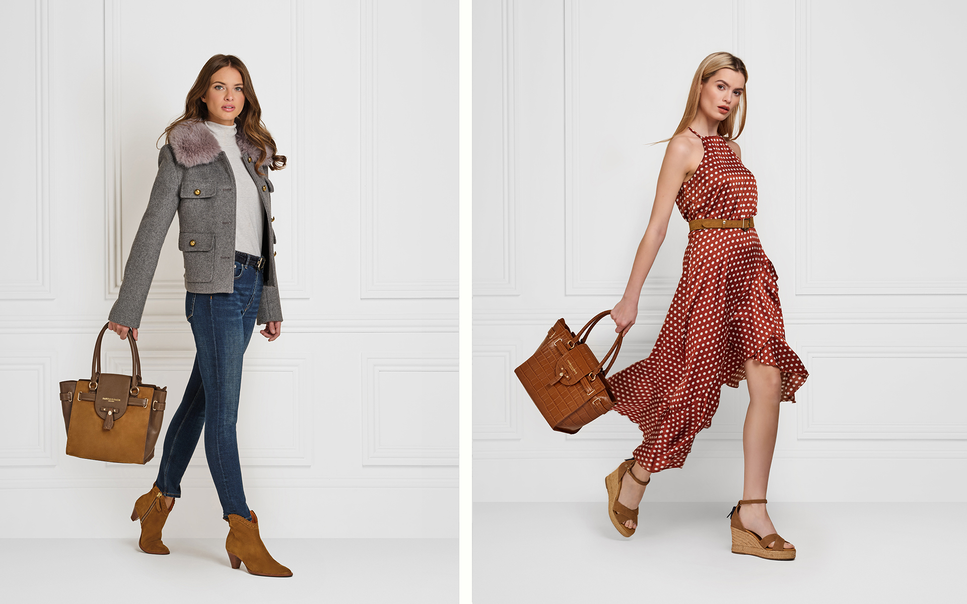 e-commerce fashion photo shoot for fairfax & favor with model on a white panel wall in photo studio in Norwich